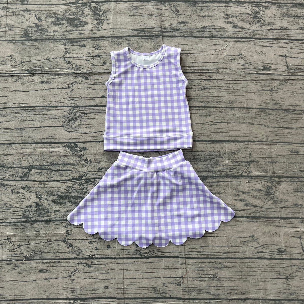 Sleeveless lavender plaid top scallop skirt girls active set