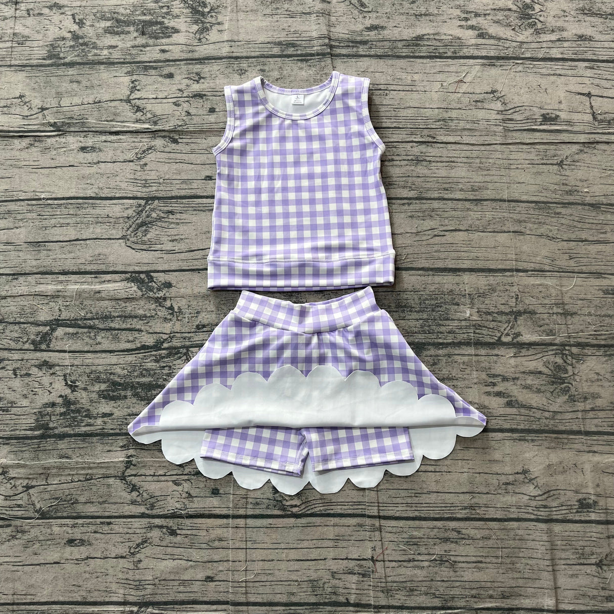 Sleeveless lavender plaid top scallop skirt girls active set
