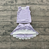 Sleeveless lavender plaid top scallop skirt girls active set