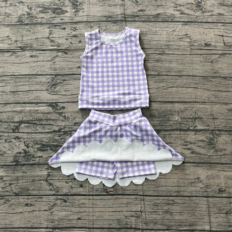 Sleeveless lavender plaid top scallop skirt girls active set