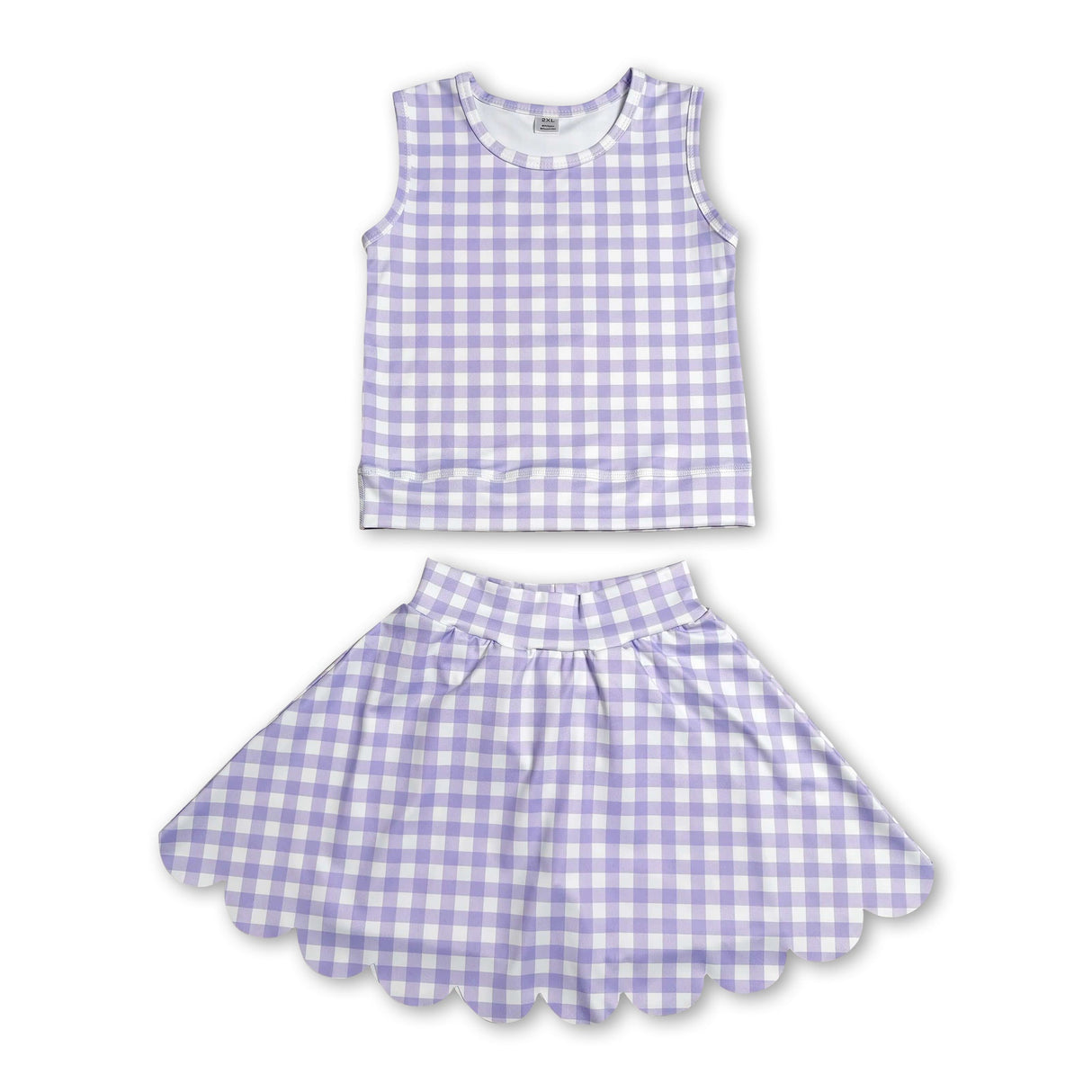 Sleeveless lavender plaid top scallop skirt girls active set