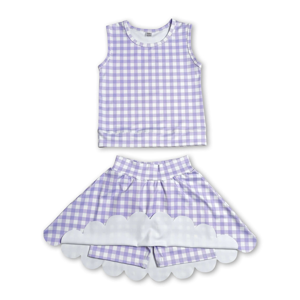 Sleeveless lavender plaid top scallop skirt girls active set