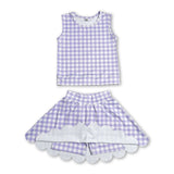 Sleeveless lavender plaid top scallop skirt girls active set
