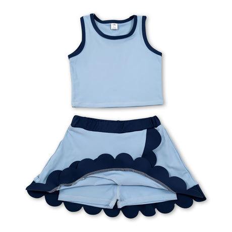 Sleeveless blue dog scallop girls summer active wear set