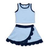 Sleeveless blue dog scallop girls summer active wear set