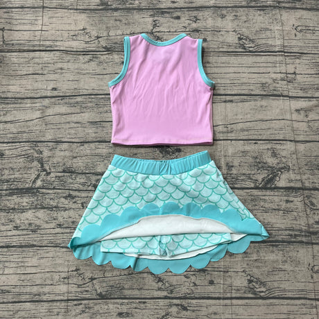 Sleeveless scallop mermaid scale girls active wear set