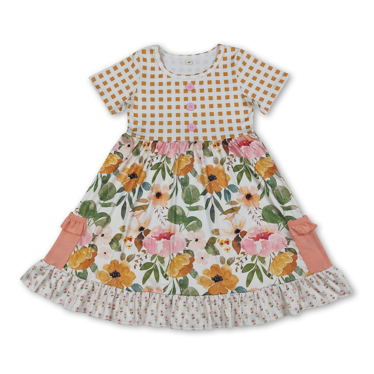 Plaid short sleeves pocket ruffle kids girls summer dress
