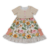 Plaid short sleeves pocket ruffle kids girls summer dress