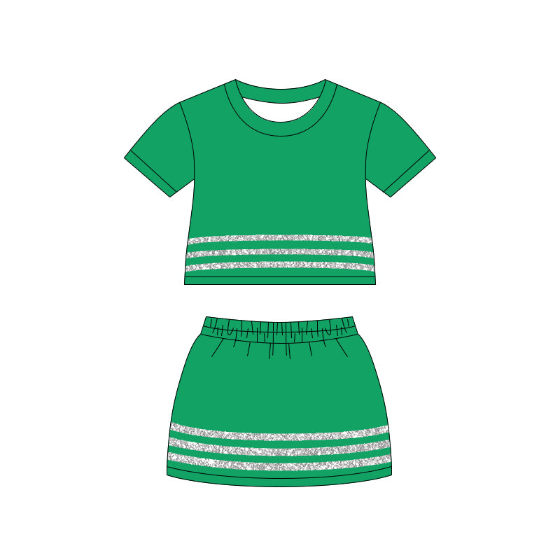 Short sleeves green cotton top skirt girls outfits