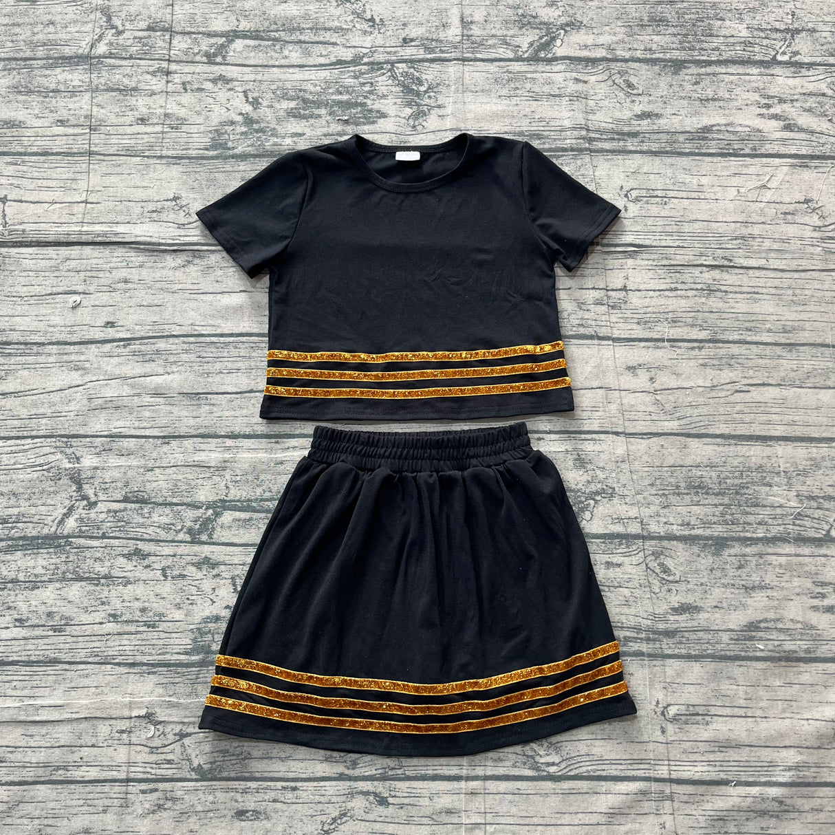 Short sleeves black cotton top skirt girls team outfits