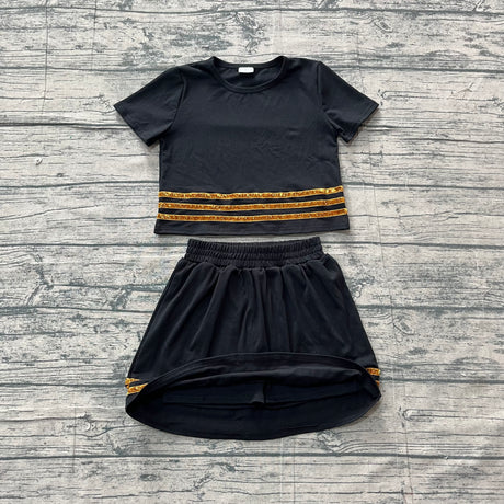 Short sleeves black cotton top skirt girls team outfits