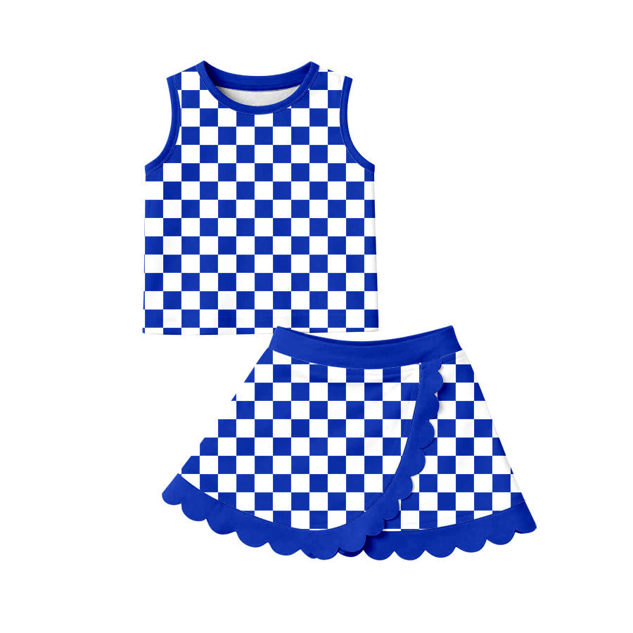 Scallop blue plaid girls summer team active wear set