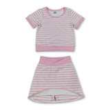 Short sleeves pink stripe top skirt girls active wear outfits