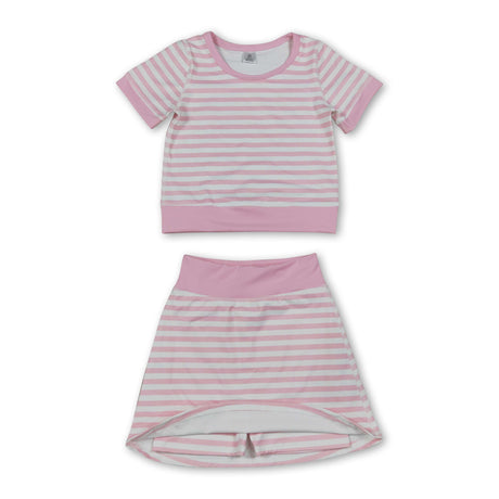 Short sleeves pink stripe top skirt girls active wear outfits