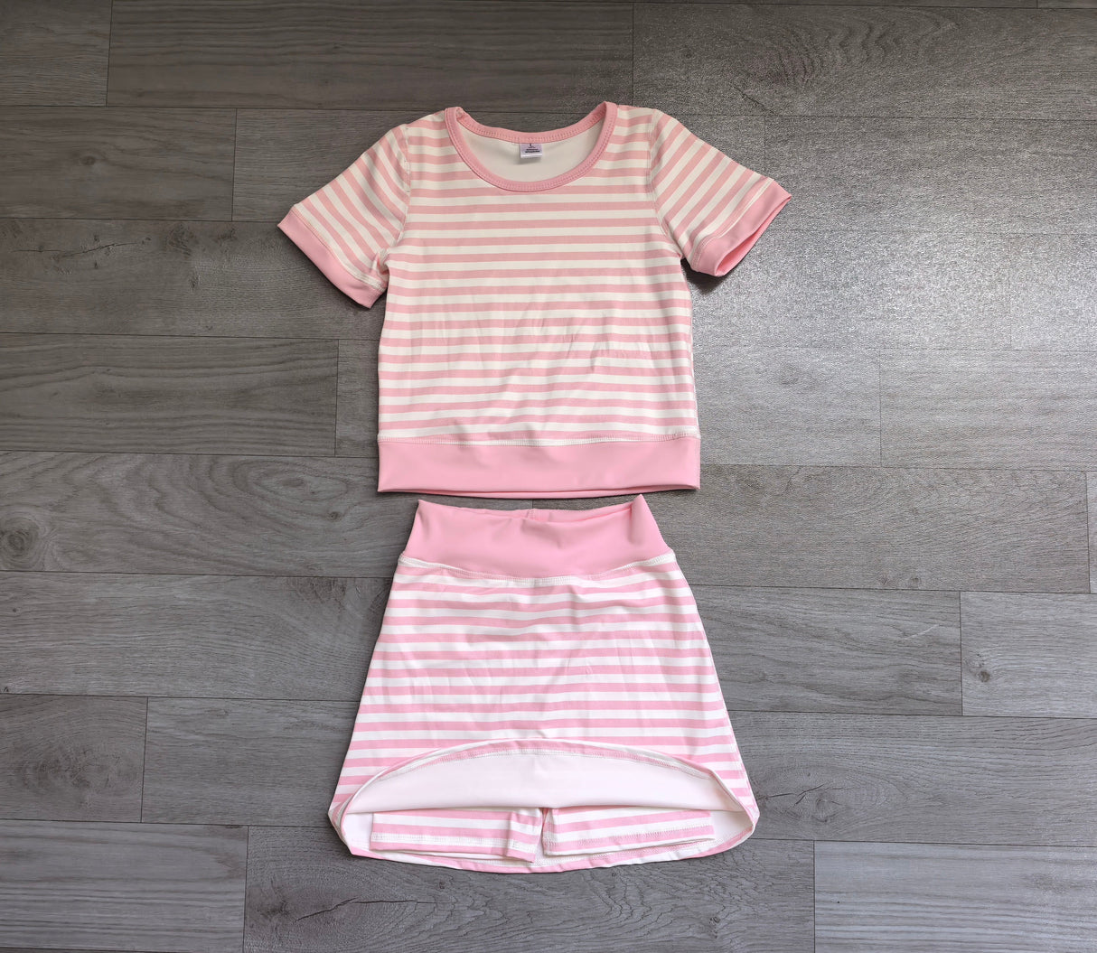Short sleeves pink stripe top skirt girls active wear outfits