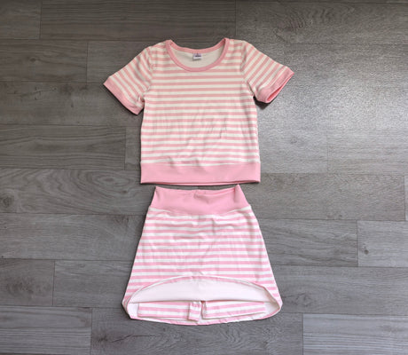 Short sleeves pink stripe top skirt girls active wear outfits