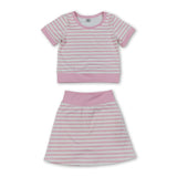Short sleeves pink stripe top skirt girls active wear outfits