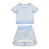 Short sleeves light blue stripe top skirt girls active wear set