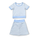 Short sleeves light blue stripe top skirt girls active wear set
