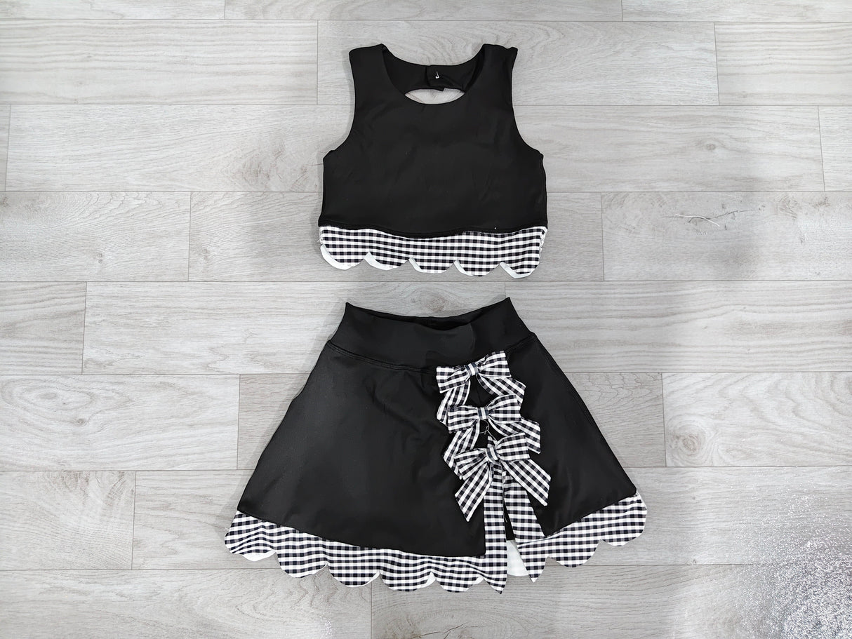 Sleeveless black plaid scallop girls summer active wear set