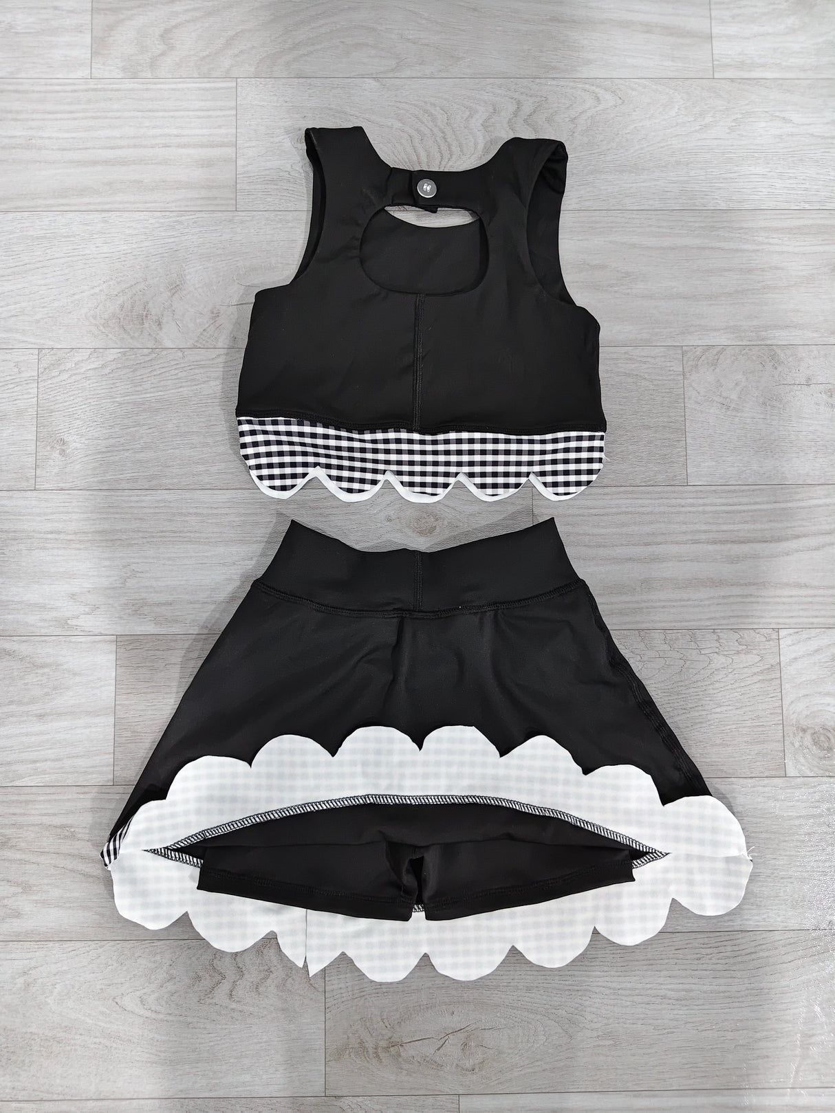 Sleeveless black plaid scallop girls summer active wear set