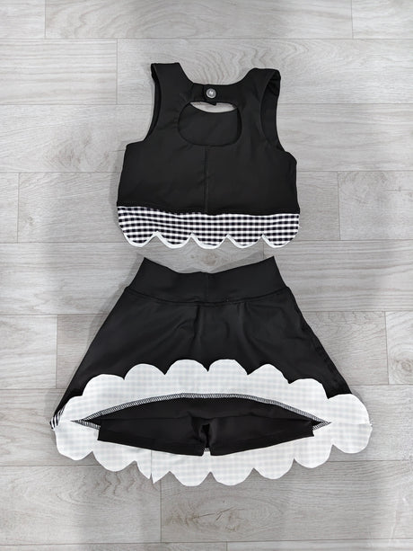 Sleeveless black plaid scallop girls summer active wear set
