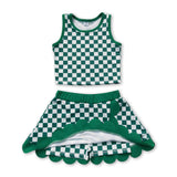 Sleeveless green plaid top scallop skirt girls active wear set