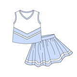 Sleeveless white light blue top skirt girls team cheer active set