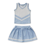 Sleeveless white light blue top skirt girls team cheer active set