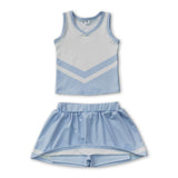 Sleeveless white light blue top skirt girls team cheer active set