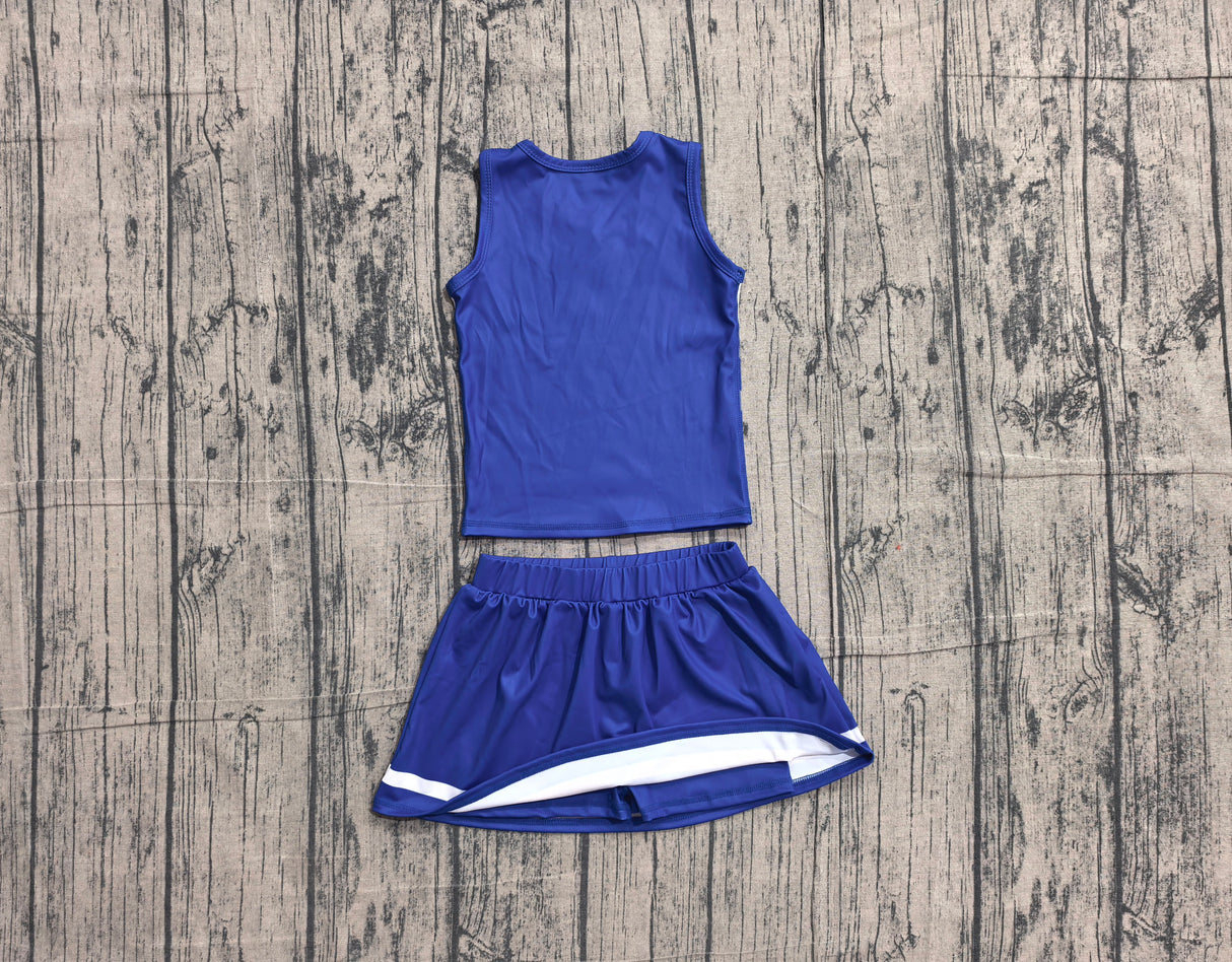 Sleeveless white blue top skirt girls team cheer active set