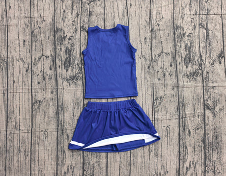 Sleeveless white blue top skirt girls team cheer active set