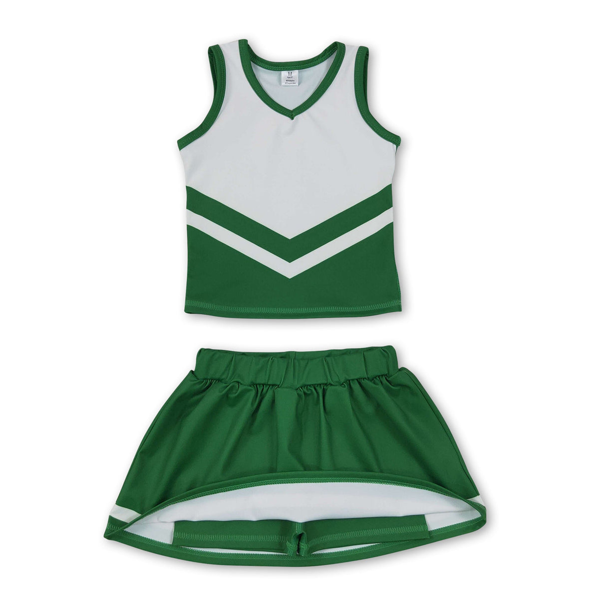 Sleeveless white green top skirt girls team cheer active set