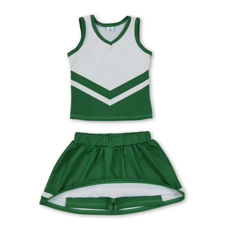 Sleeveless white green top skirt girls team cheer active set