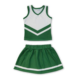 Sleeveless white green top skirt girls team cheer active set