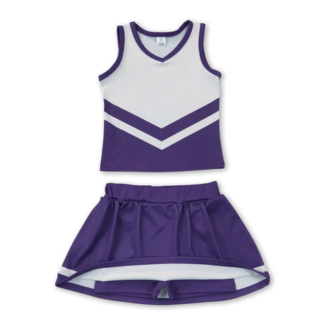Sleeveless white purple top skirt girls team cheer active set
