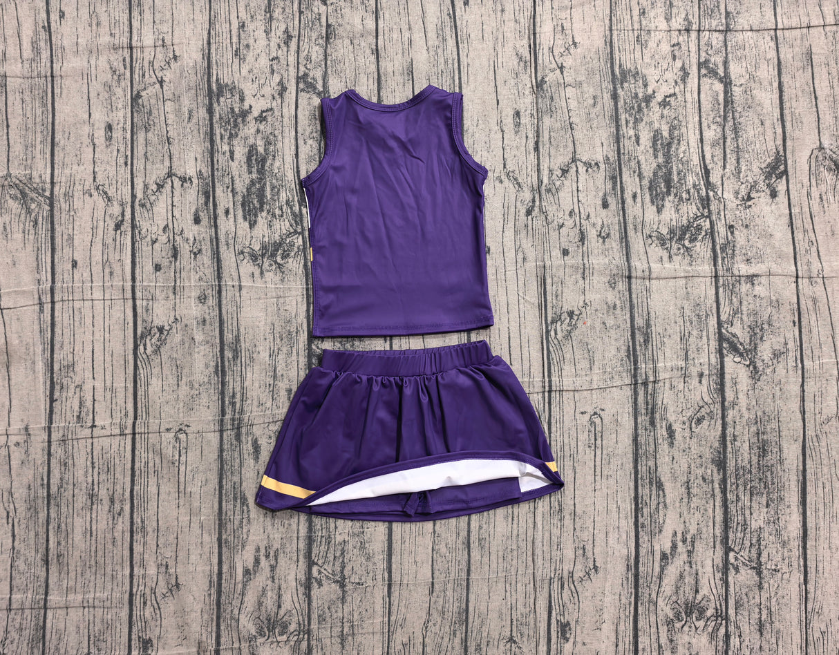 Sleeveless gold purple top skirt girls team cheer active set