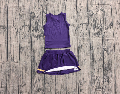 Sleeveless gold purple top skirt girls team cheer active set