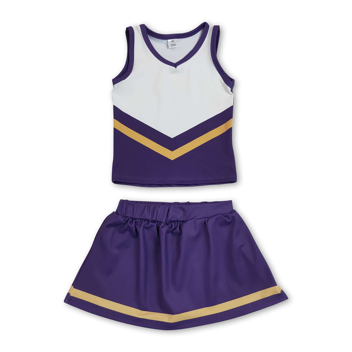 Sleeveless gold purple top skirt girls team cheer active set