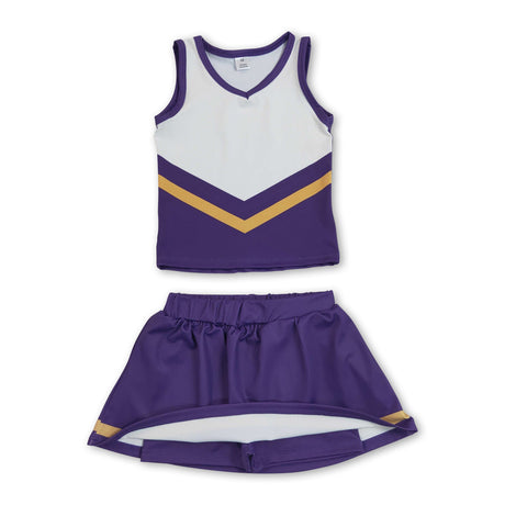 Sleeveless gold purple top skirt girls team cheer active set