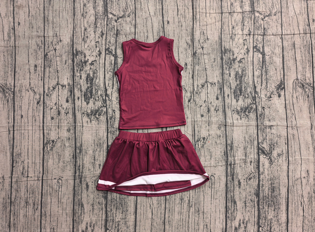 Sleeveless white maroon top skirt girls team cheer active set