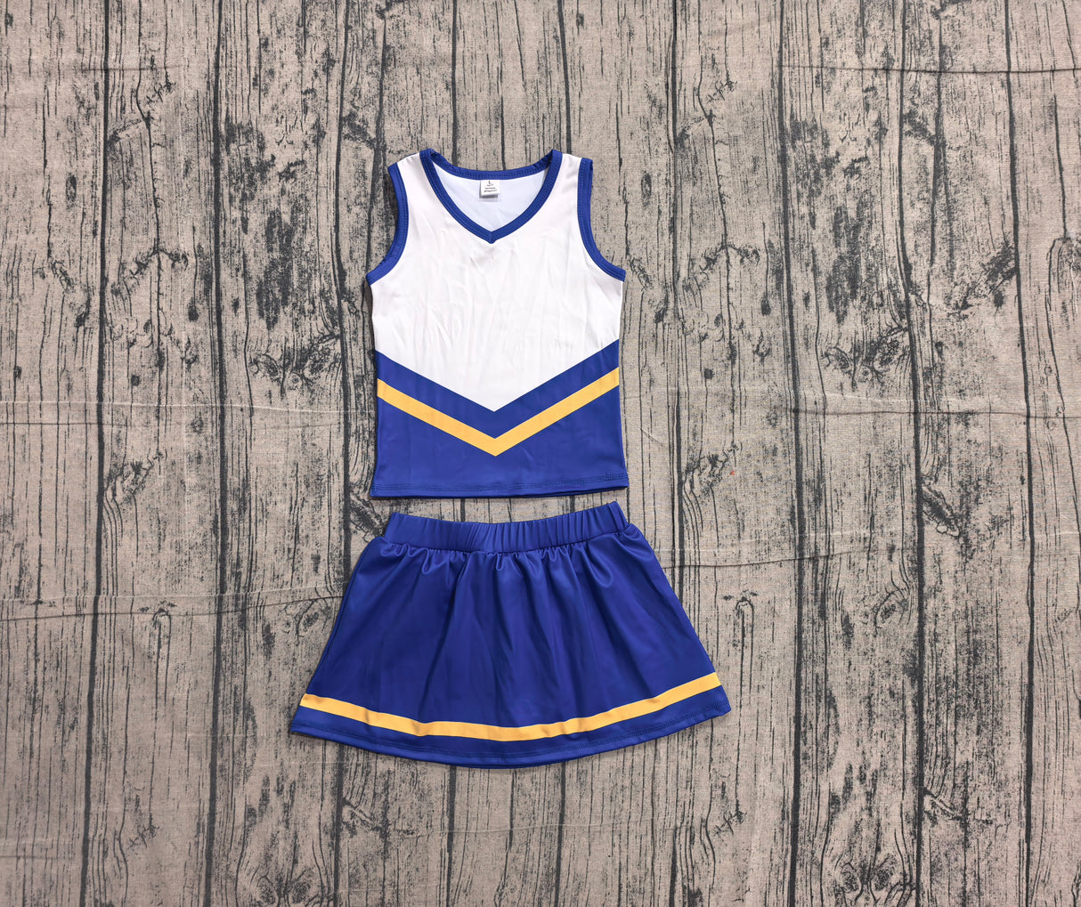Sleeveless gold blue top skirt girls team cheer active set