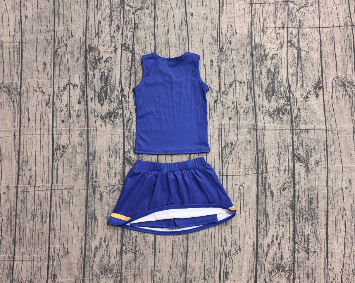 Sleeveless gold blue top skirt girls team cheer active set
