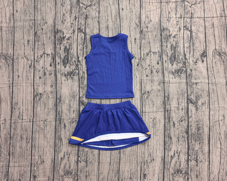 Sleeveless gold blue top skirt girls team cheer active set