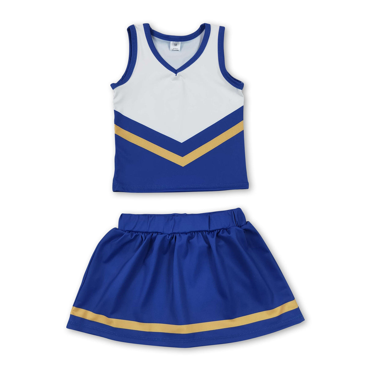 Sleeveless gold blue top skirt girls team cheer active set