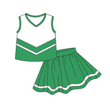 Sleeveless white green top skirt girls team cheer active set