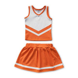 Sleeveless white orange top skirt girls team cheer active set