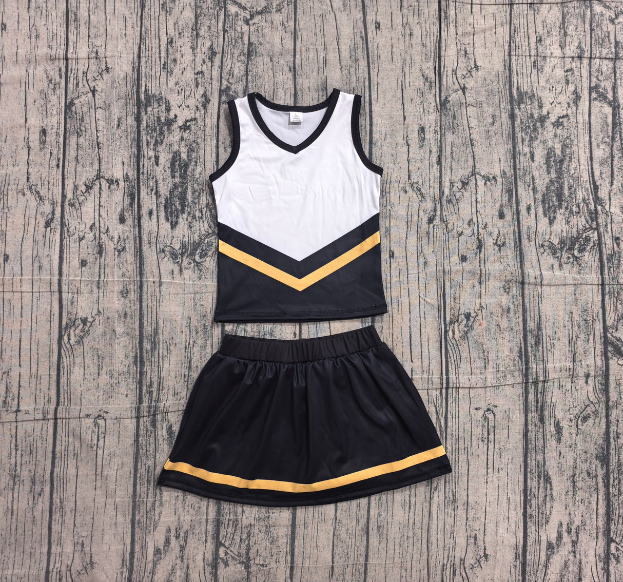 Sleeveless gold black top skirt girls team cheer active set