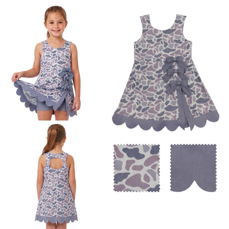 Grey camo bow scallop kids girls summer athletic dresses