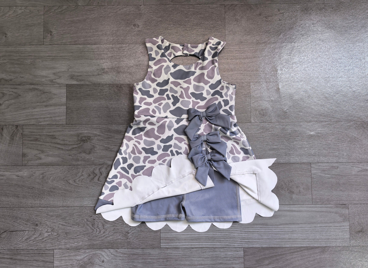 Grey camo bow scallop kids girls summer athletic dresses